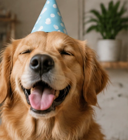 A happy golden retriever wearing a blue polka-dot party hat